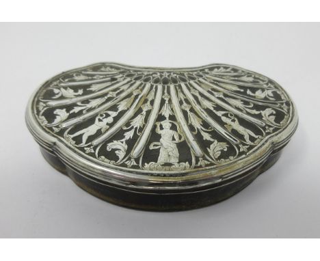 A Georgian silver and tortoiseshell Snuff Box of kidney shape decorated figures, birds and leafage A/F No hallmarks, lots of 