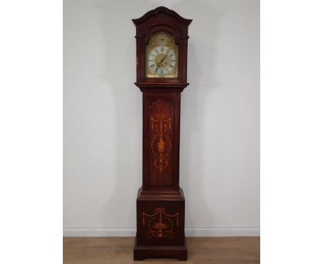 An inlaid mahogany Longcase Clock with arched brass dial, silvered chapter ring, the back of the movement stamped Gustar Beck