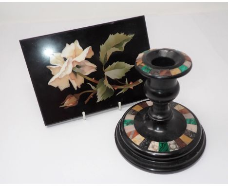 A Pietra Dura Plaque of a rose, 6 3/4in x 4 3/4in and a Pietra Dura Candlestick 4 1/2in 