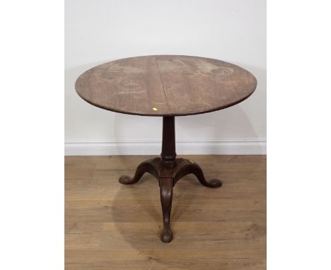 A George III mahogany Pillar Table with circular top on tapering gun barrel column and tripod base, 2ft 8 1/2in diam., severa