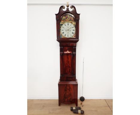 An early 19th Century Longcase Clock with arched painted dial inscribed Geo Bain, Brechin, 8-day movement in mahogany case, t