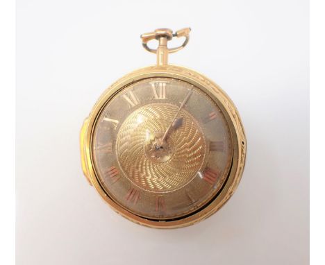 An early 19th Century Irish gold pair cased key wind Pocket Watch the dial with roman numerals and engine turning to centre, 