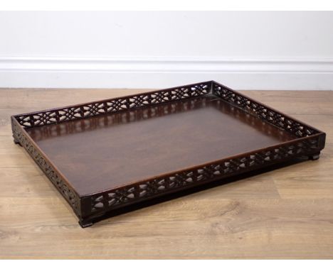 A George III mahogany rectangular Tray with fret pierced rim 2ft 11 1/2in L x 1ft 5in W 