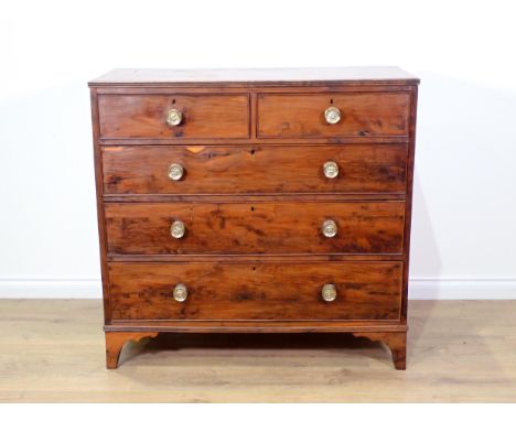 A 19th Century yew wood Chest of two short and three long graduated drawers on bracket supports with brass handles, 3ft 6in W
