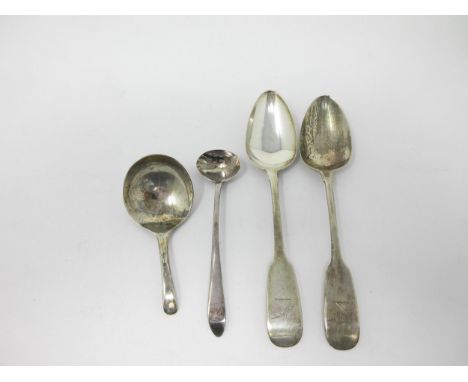 A Georgian Irish silver Caddy Spoon and Condiment Spoon, both Cork, circa 1800, maker: I.W., and a pair of fiddle pattern Tea