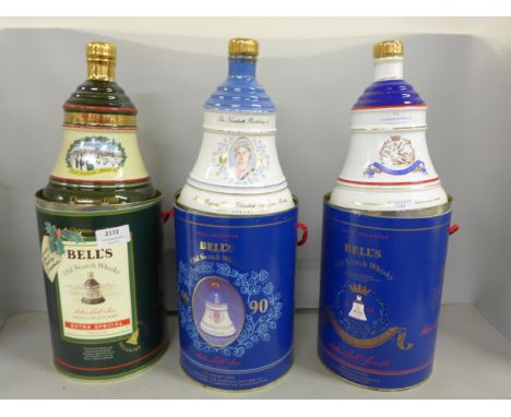 Three Bell's Old Scotch Whisky decanters including Princess Beatrice and The Queen Mother, sealed with contents