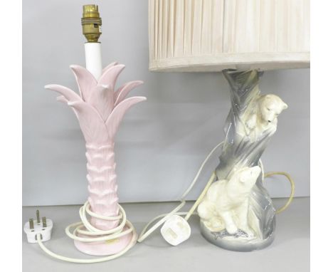 Two ceramic table lamps including one with polar bear figures and shade and a pink ceramic lamp with shade  **NOT ELIGIBLE FO