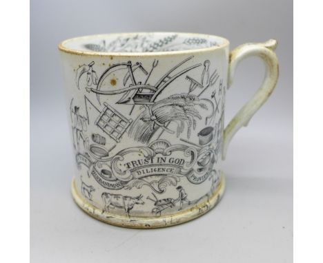A 19th century Farmers Arms mug with harvest detail, writing to front "Trust in God - The Husbandman's Diligence Provides Bre