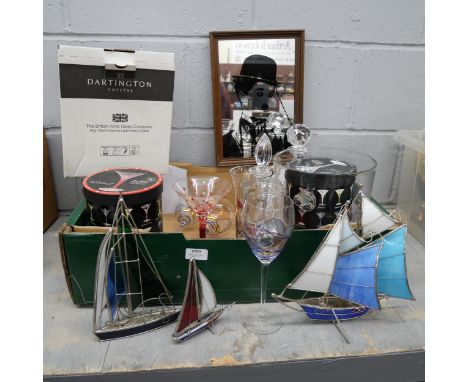Three stained glass and wire ship ornaments of various sizes with Charlie Chaplin mirror together with a collection of glass 