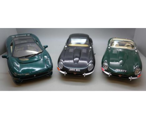 Three Burago model Jaguar cars including E-type, scale 1:18, black example a/f