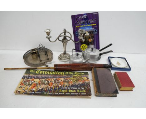 A collection of items to include silver plated tray, candelabra, napkin rings, an oriental parasol, two books, Royal Worceste