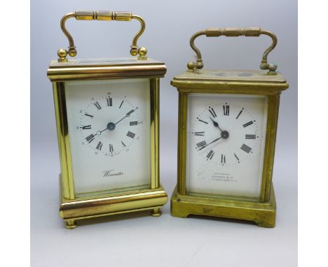 A Hawley &amp; Co. Regent Street brass cased carriage clock with key, together with a Worcester carriage clock