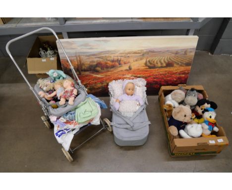 A collection of soft toys, mainly Disney characters, a Tiny Tears doll, Ty beanie, a Silver Cross pushchair and carry cot and