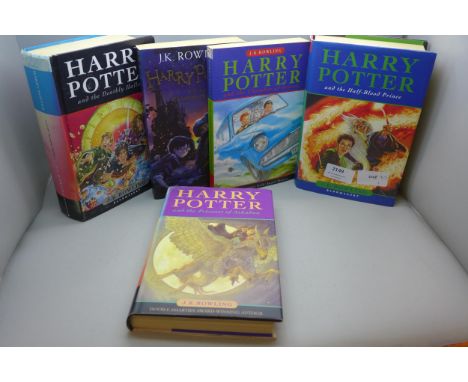 Five Harry Potter books including Harry Potter and the Half Blood Prince with printing error on page 99, 'eleven' instead of 