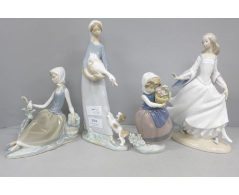 A collection of four Lladro figures, including Cinderella losing slipper, lady carrying a duck, and young girl with basket of