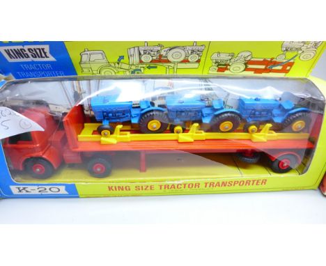 A Matchbox king size tractor transporter K-20, boxed, a/f, with a boxed Matchbox Speed Kings power boat unloads for launching