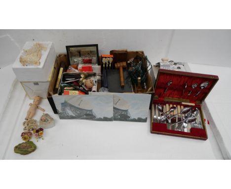Assorted items, sewing, a gavel, a doll a/f, figures, flatware, Jodrell jigsaws