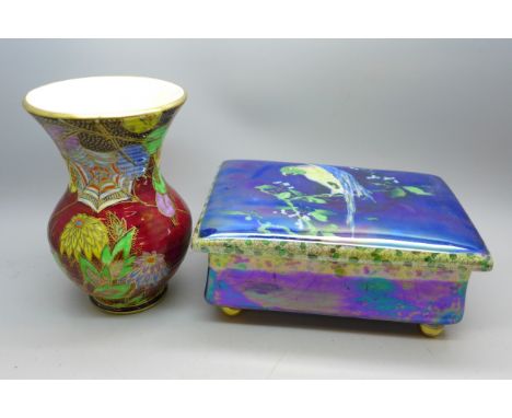 A Crown Devon Fielding's lustre vase, circa 1930s with floral spider web design together with a W&amp;R Carlton Ware blue lus