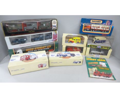 A collection of eleven boxed model vehicles including Corgi, Matchbox, and Lledo. Comprising of Corgi Eddie Stobart Ltd truck