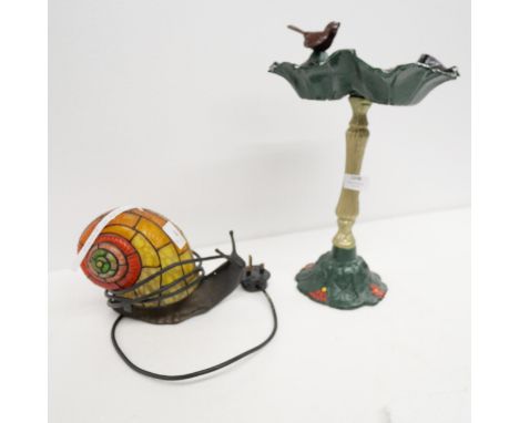 A cast iron bird bath and a novelty snail table lamp  **NOT ELIGIBLE FOR IN HOUSE POSTAGE AND PACKING** 