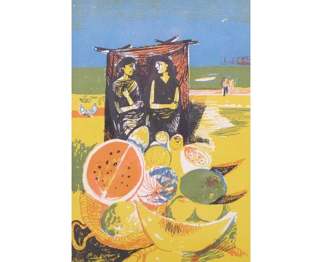 John Minton (1917-1957), lithograph in colours on wove paper, Corsican Beach (1948), 21.5cm x 14.5cm, mounted, glazed and fra