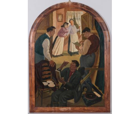 Robert Baker (1909 - 1992), oil on panel, students preparing for theatrical performance, early 1930s, unsigned, 135cm x 94cm,