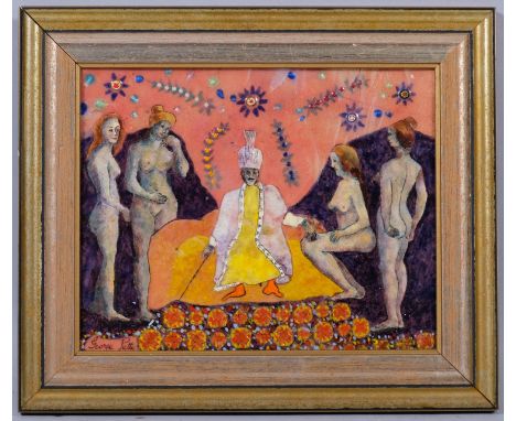 George Petty (1894 - 1975), court scene with nudes, enamels and glass beads on copper panel, signed, 24cm x 19cm, framedSome 