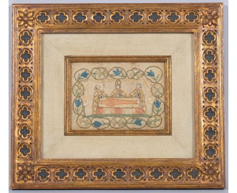 18th century tapestry on silk of priests at shroud, unsigned, 17cm x 12cm, framedA number of areas of wear to silk at edges, 