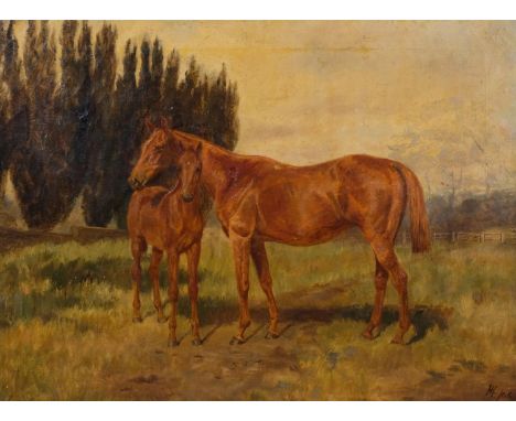 Early 20th century portrait of mare with foal, oil on canvas, artist's monogram/06, 60cm x 45cm, framedSome small areas of ov