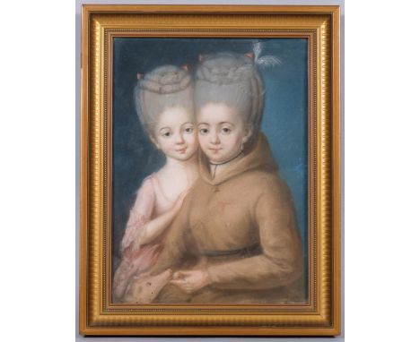 A 17th/18th century French pastel portrait of 2  16th century men dressed as women, in glass-backed frame with inscribed Fren