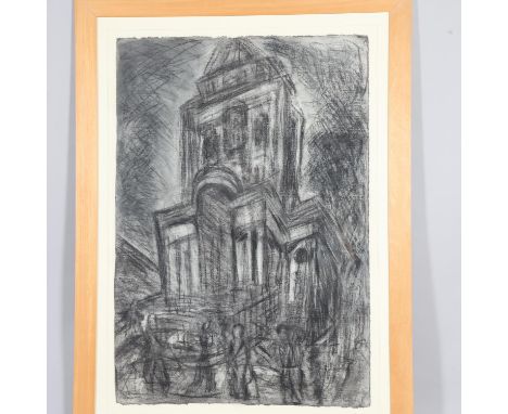 Attributed to Leon Kossoff (1926 - 2019), Spitalfields circa 1991 - 1992, charcoal and crayon on paper, unsigned, 105cm x 72c
