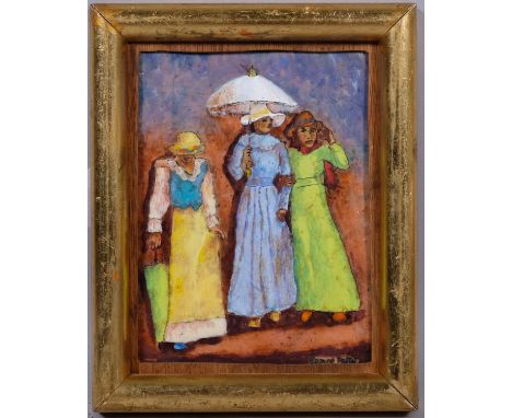 George Petty (1894 - 1975), ladies with parasol, enamel on copper panel, signed, 19cm x 14cm, framedGood condition