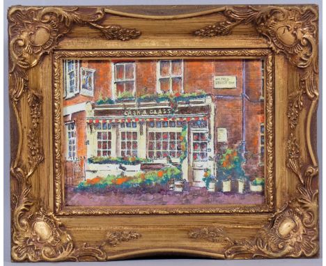 George Petty (1894 - 1975), Cask and Glass pub Wilfred Street London SW1, enamel on copper panel, signed, 19cm x 14cmGood con