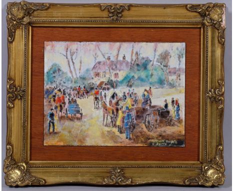 George Petty (1894 - 1975), Patcham village scene, enamel on copper panel, signed, 20cm x 15cm, framedGood condition