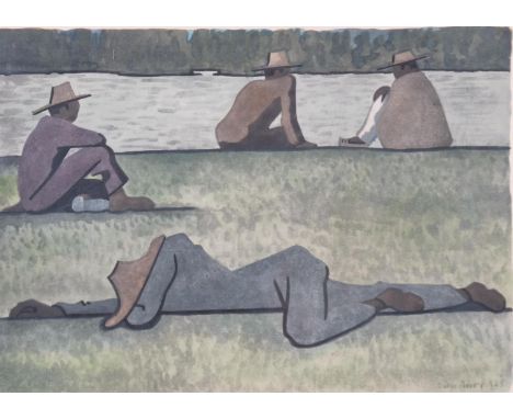 Diego Rivera (Mexico, 1886 - 1957), fieldworkers at rest, hand coloured lithograph, signed and dated 1945 in the print, 27cm 