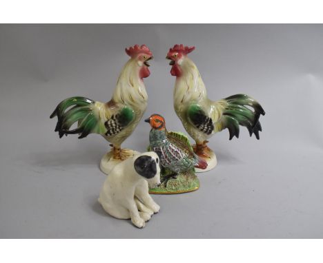A Collection of Four Animal Ceramic Figural Ornaments to include Pair of Royal Belvedere Vienna Cockerels (AF) 18cms High, Pa
