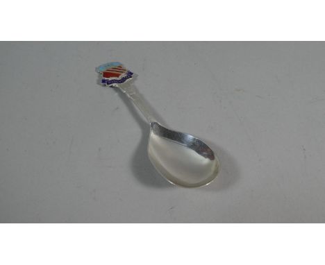 A Silver Caddy Spoon with Enamelled Crest for Manchester Birmingham 1957 