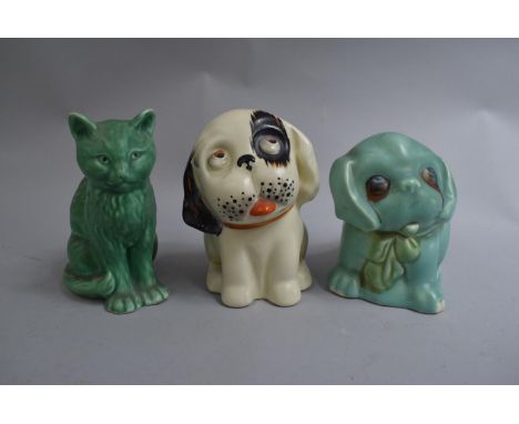 A Collection of Three Glazed Ceramic Cats and Dog Figures to include Crown Devon Bonzo Dog, Sylvac Examples and A Sylvac Cat.