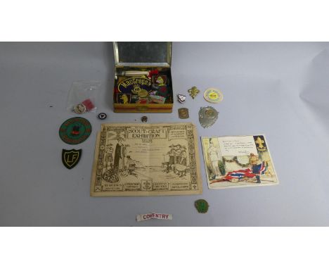 A Collection of Vintage Ephemera relating to Boy Scouts to include Cloth and Metal Badges, Enrolment Card, Diploma Etc.