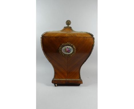 A 19th Century French Ormolu Mounted Kingwood Wine Cooler. Lid having Pineapple Finial, Body with Floral Sevres Panels now wi