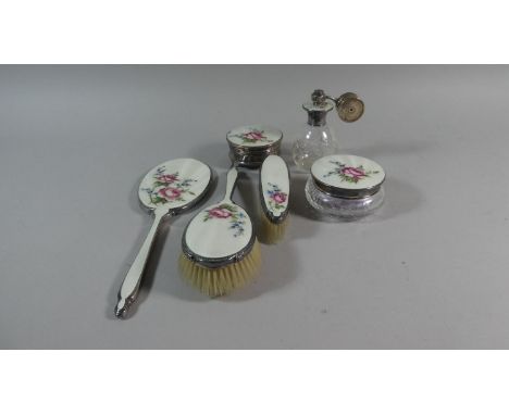 A Nice Silver Plate and Enamel Dressing Table Set Decorated with Roses and Forget Me Nots Comprising Two Pots, Atomizer, Two 