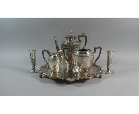 A Three Piece Silver Plated Tea Service by James Dixon, a Silver Plated Tray by Cavalier (36cms Diameter) and Two Silver Plat