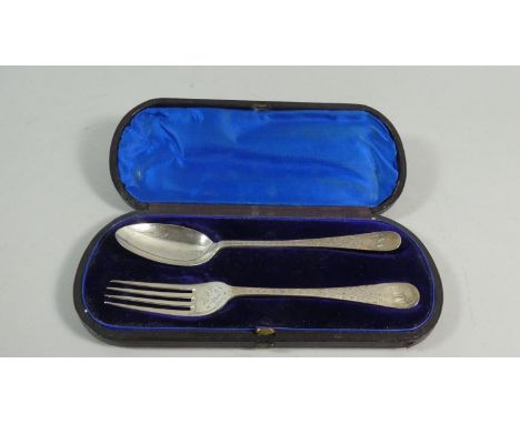A Cased Silver Spoon and Fork Set Monogrammed VMN, Birmingham 1883, 47gms 