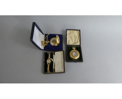 Two Reproduction Gold Plated Pocket Watches, Full and Half Hunter together with a Ladies Vintage Wristwatch.