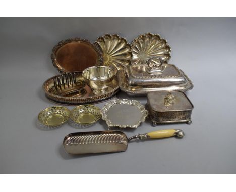 A Collection of Silver Plated Items to Include Salver, Pierced Dishes, Toast Rack, Butter Dish with Swan Mount Finial, Bone H