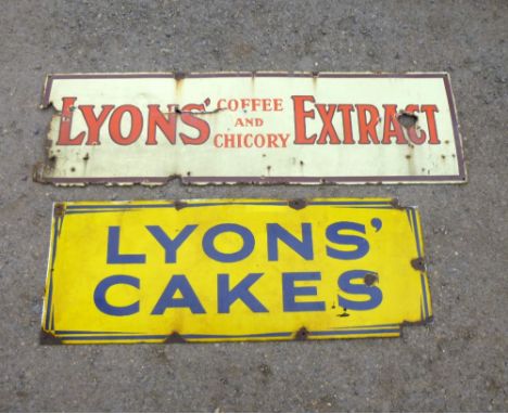 VINTAGE ENAMEL SIGN FOR LYONS' CAKES (46 cm x 122 cm) AND LYONS' EXTRACT (45 cm x 149.5 cm)