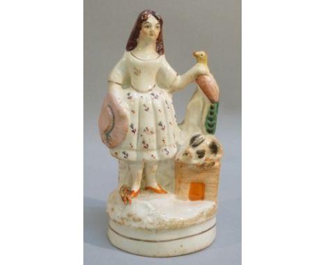 VICTORIAN STAFFORDSHIRE FIGURE OF A WOMAN WITH PEACOCK AND RABBIT (H: 14 cm), 11 CHARACTER JUGS, CERAMIC HONEYPOTS AND OTHER 