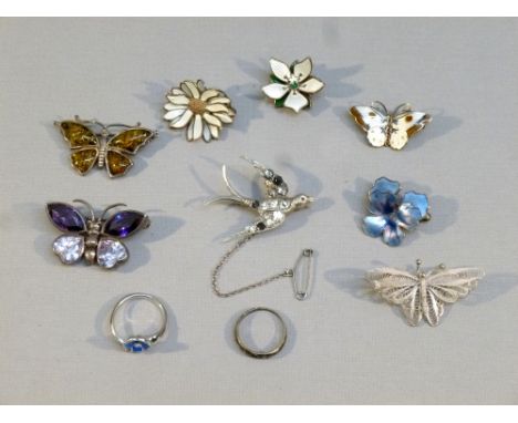 FOUR DAVID ANDERSEN, NORWAY, SILVER AND ENAMEL FLOWER AND BUTTERFLY BROOCHES, TWO OTHER BUTTERFLY BROOCHES STAMPED 925, A SWA