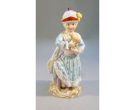 CIRCA 1870 MEISSEN FIGURE OF A GIRL HOLDING A TOY SHEEP FIRST MODELLED BY M.V. ACIER C.1778, CROSSED SWORDS IN UNDERGLAZE BLU