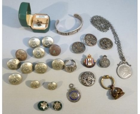 MIXED LOT OF CIVIL DEFENCE BUTTONS, OTHER BUTTONS, SOUTH AFRICA TWO SHILLINGS PENDANT, MELODY MAKER DANCE BAND CONCERT SILVER
